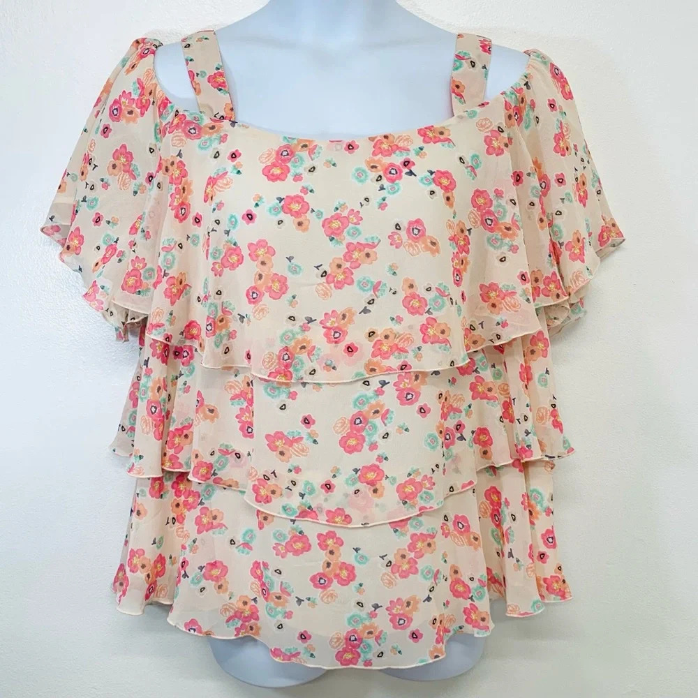 Lane Bryant Top Woman 22 P Pink Floral Tiered Flowy Chiffon Cottagecore Fairy